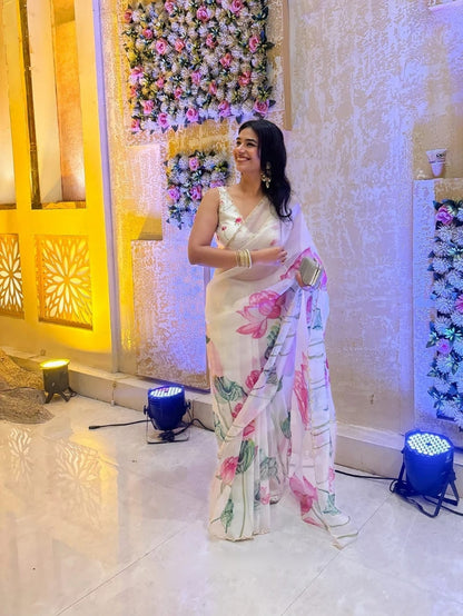 Floral Organza Ready to Wear Saree with Scalloped Border