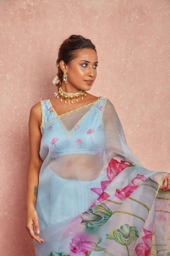 Floral Organza Ready to Wear Saree with Scalloped Border