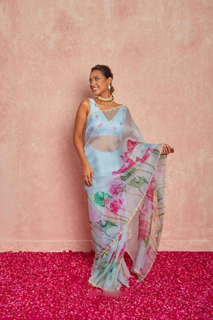 Floral Organza Ready to Wear Saree with Scalloped Border