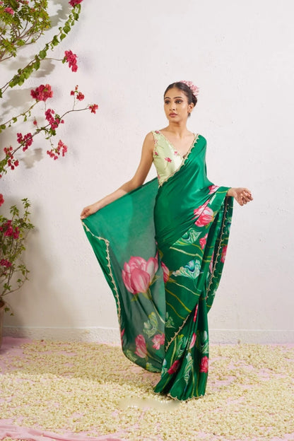 Floral Organza Ready to Wear Saree with Scalloped Border