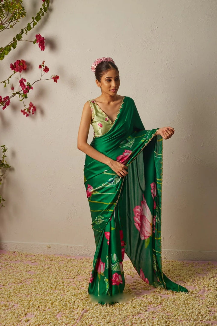 Floral Organza Ready to Wear Saree with Scalloped Border