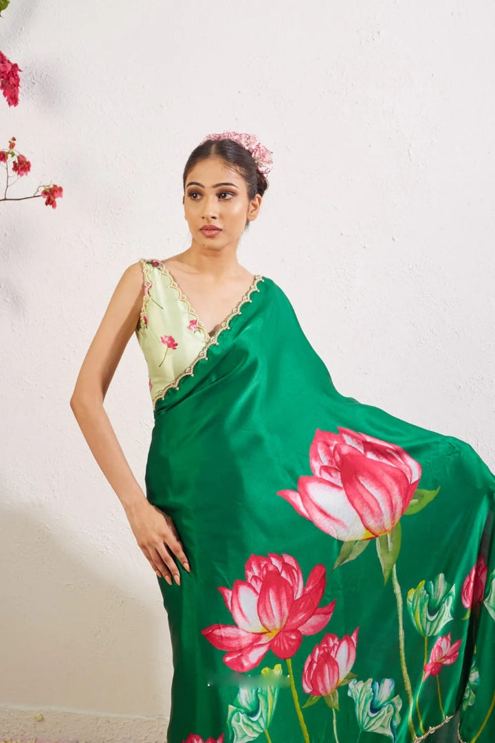 Floral Organza Ready to Wear Saree with Scalloped Border