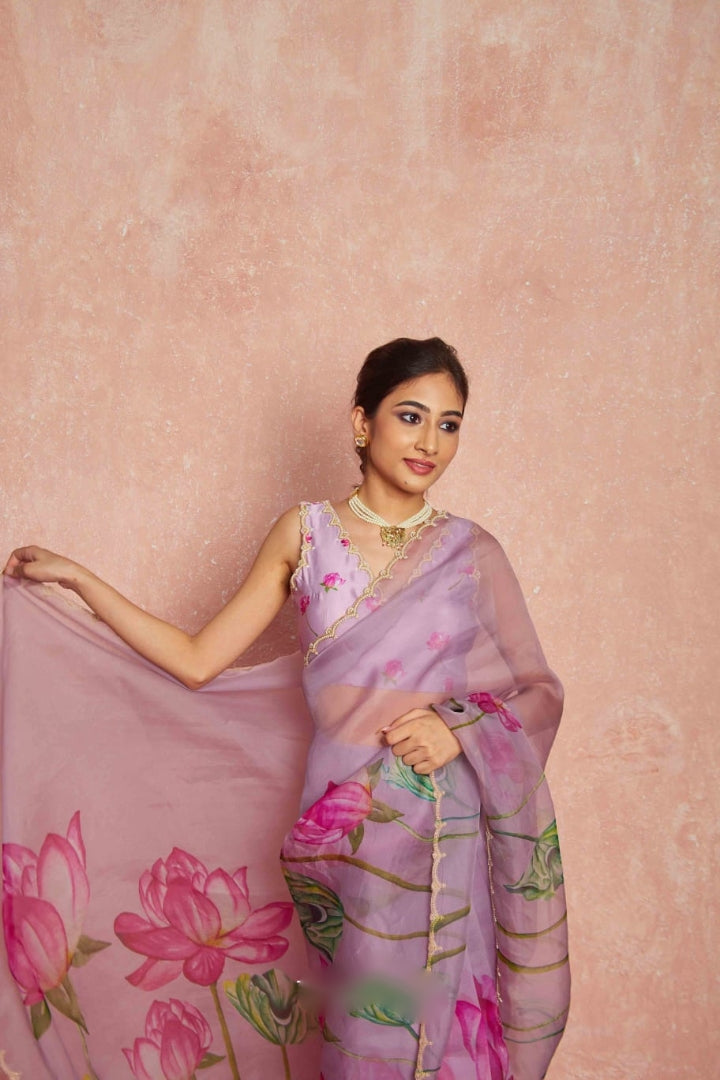 Floral Organza Ready to Wear Saree with Scalloped Border