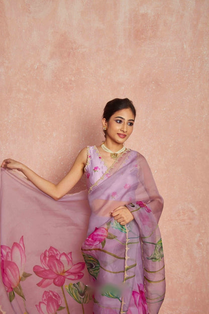 Floral Organza Ready to Wear Saree with Scalloped Border