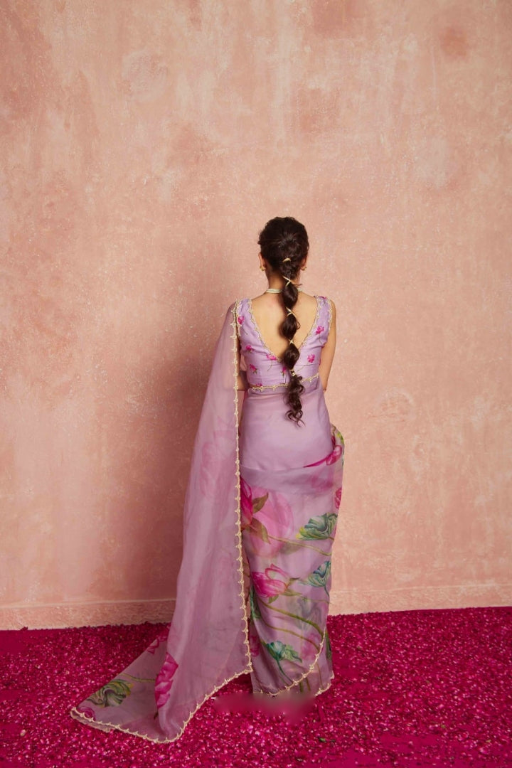 Floral Organza Ready to Wear Saree with Scalloped Border