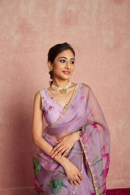 Floral Organza Ready to Wear Saree with Scalloped Border