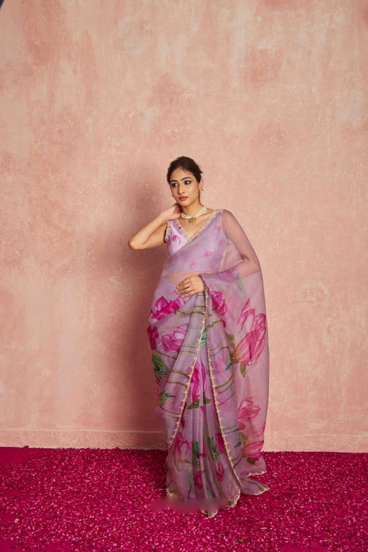 Floral Organza Ready to Wear Saree with Scalloped Border