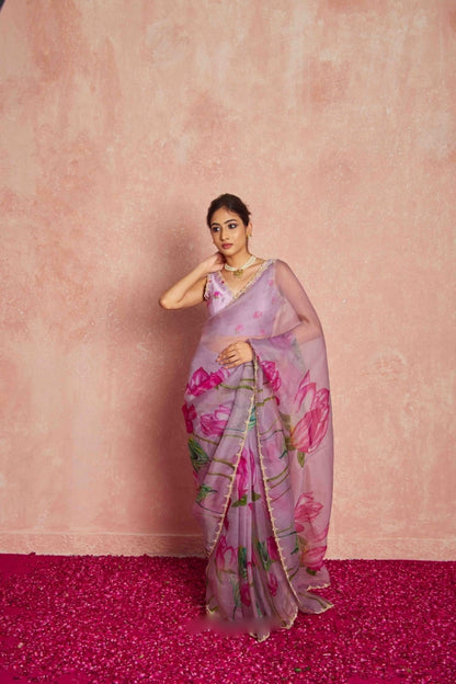 Floral Organza Ready to Wear Saree with Scalloped Border