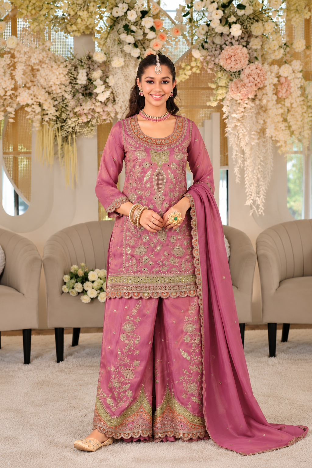 Heavy Crepe & Heavy Embroidery Readymade Plazo Suit Set with Dupatta