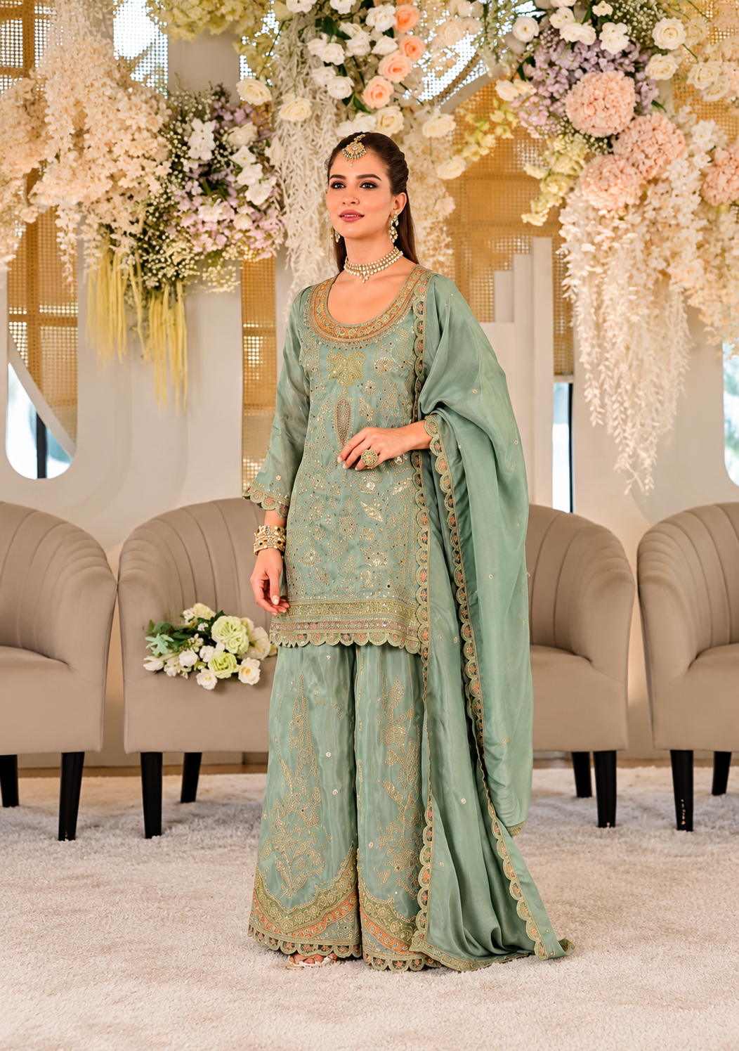 Heavy Crepe & Heavy Embroidery Readymade Plazo Suit Set with Dupatta