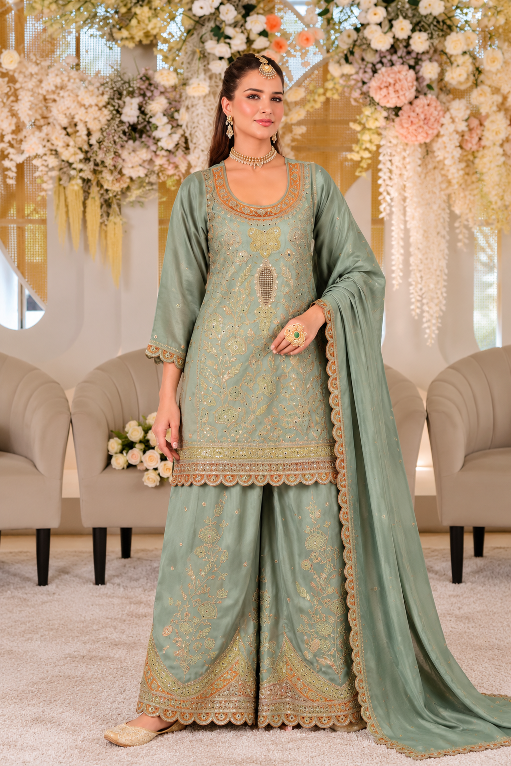 Heavy Crepe & Heavy Embroidery Readymade Plazo Suit Set with Dupatta