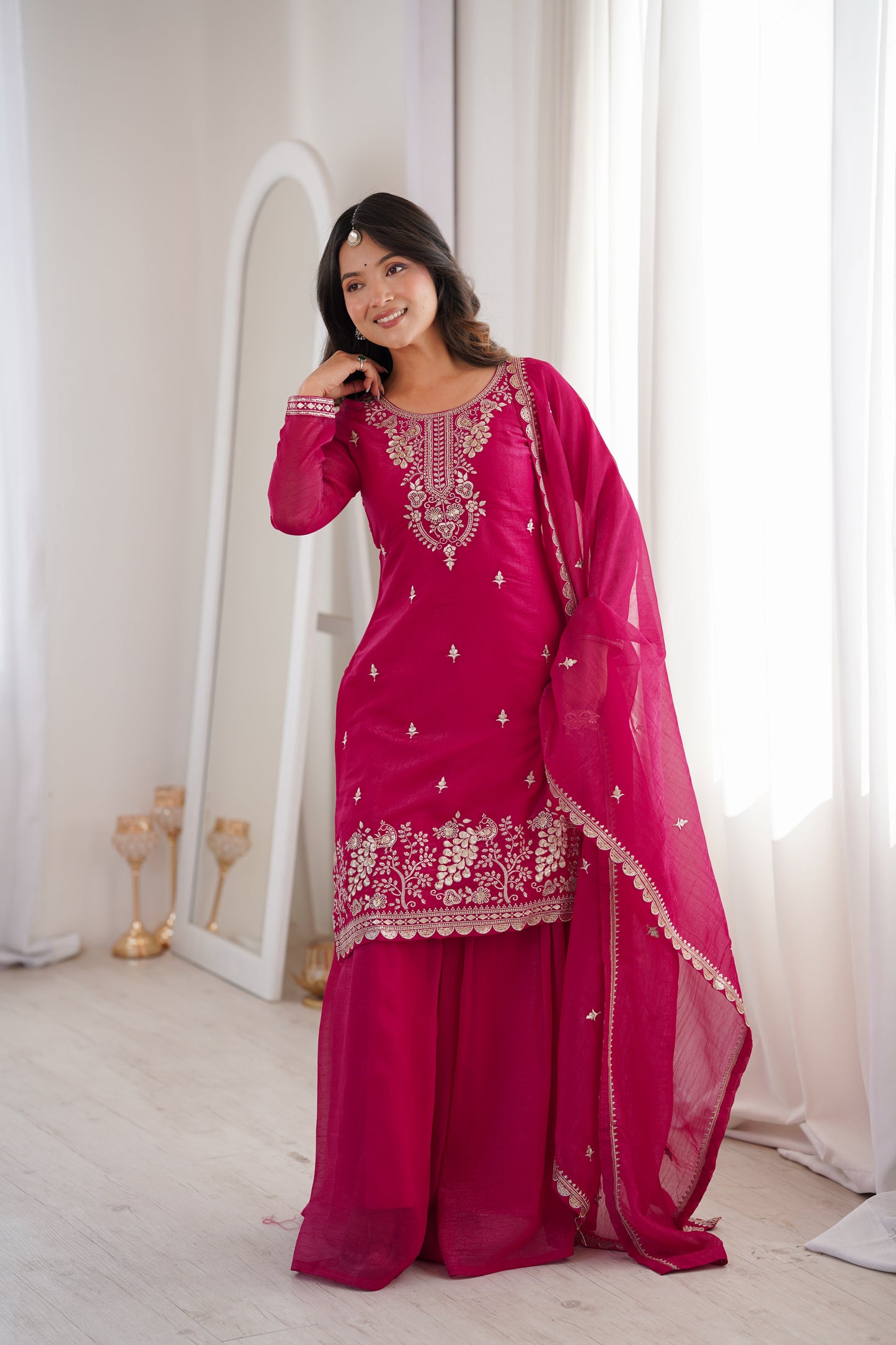 Embroidered Silk Kurta Palazzo Set with Dupatta