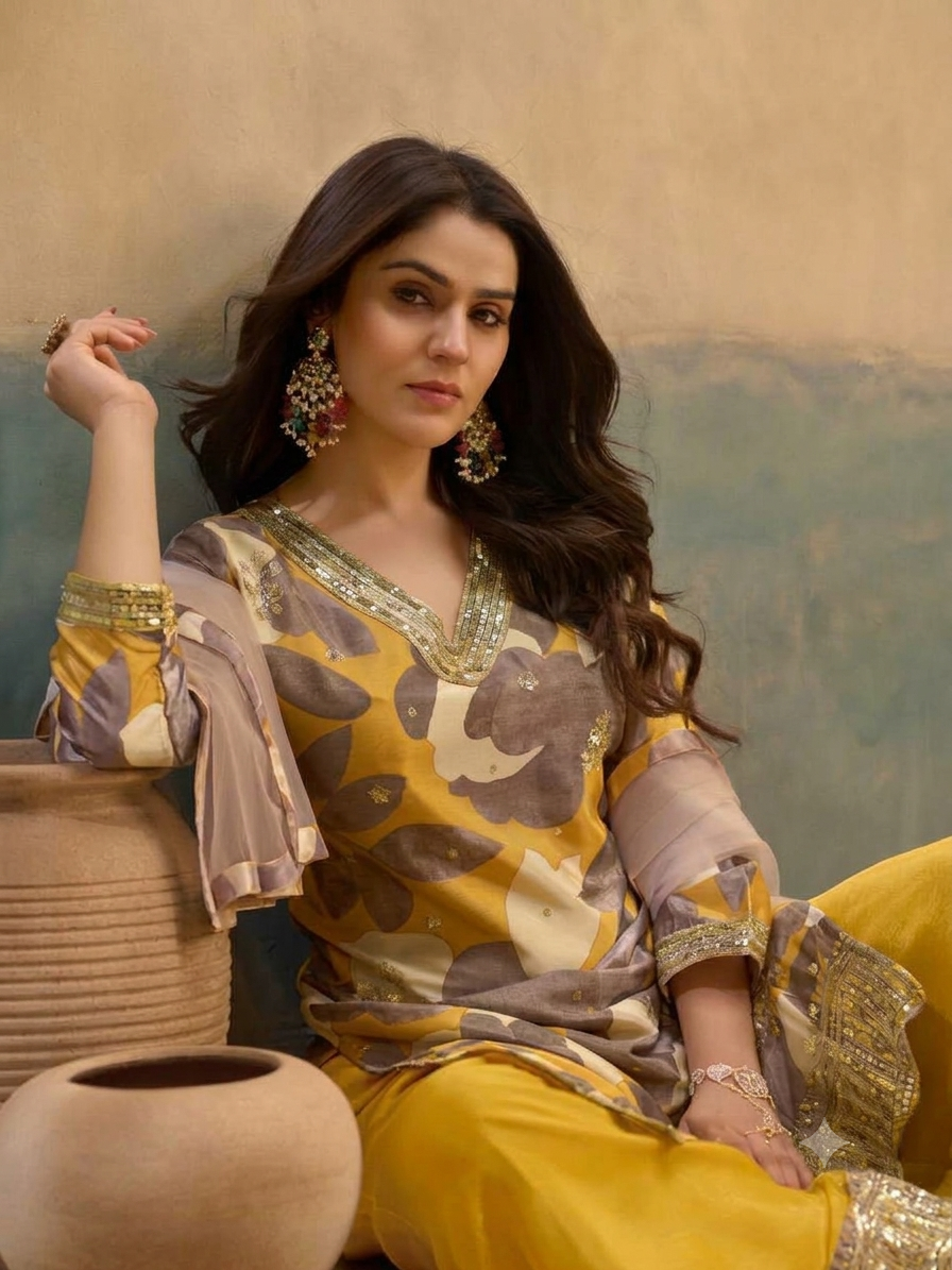 Floral Print Kurta Palazzo Set with Thread Embroidery