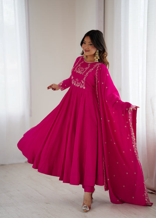 Dark Pink Roman Chanderi Silk Salwar Suit Party Wear for Women
