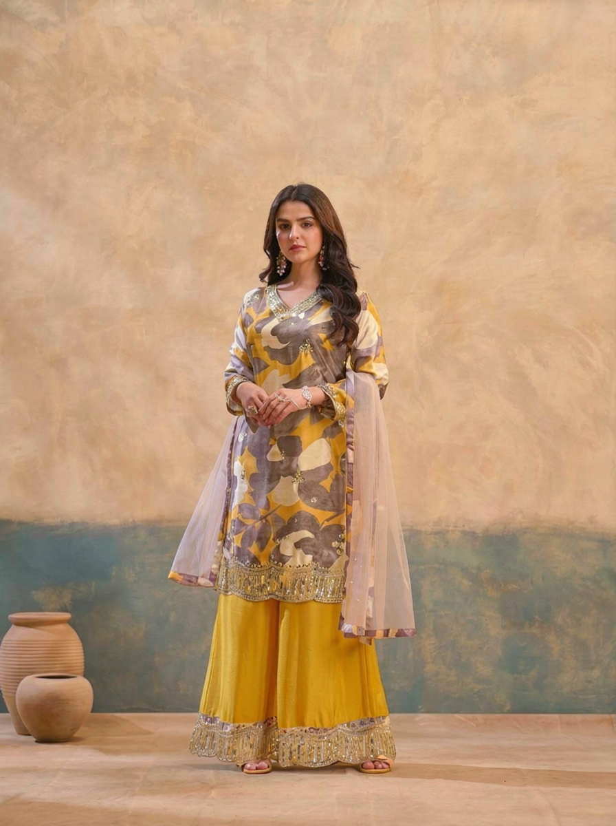 Floral Print Kurta Palazzo Set with Thread Embroidery