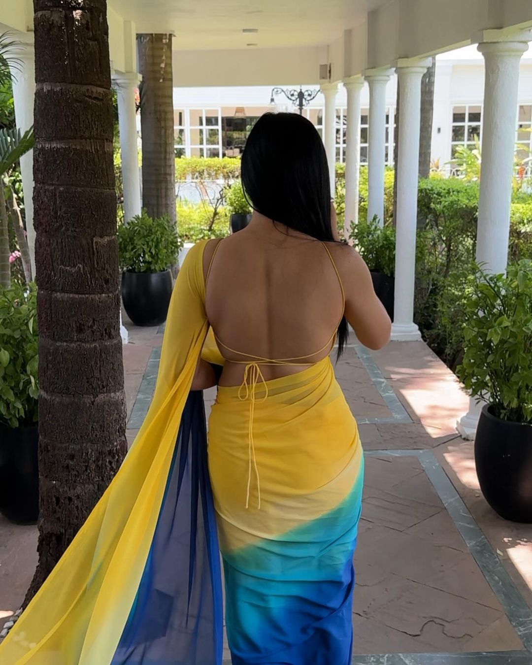 Yellow & Blue Ombre Georgette Ready to Wear Saree