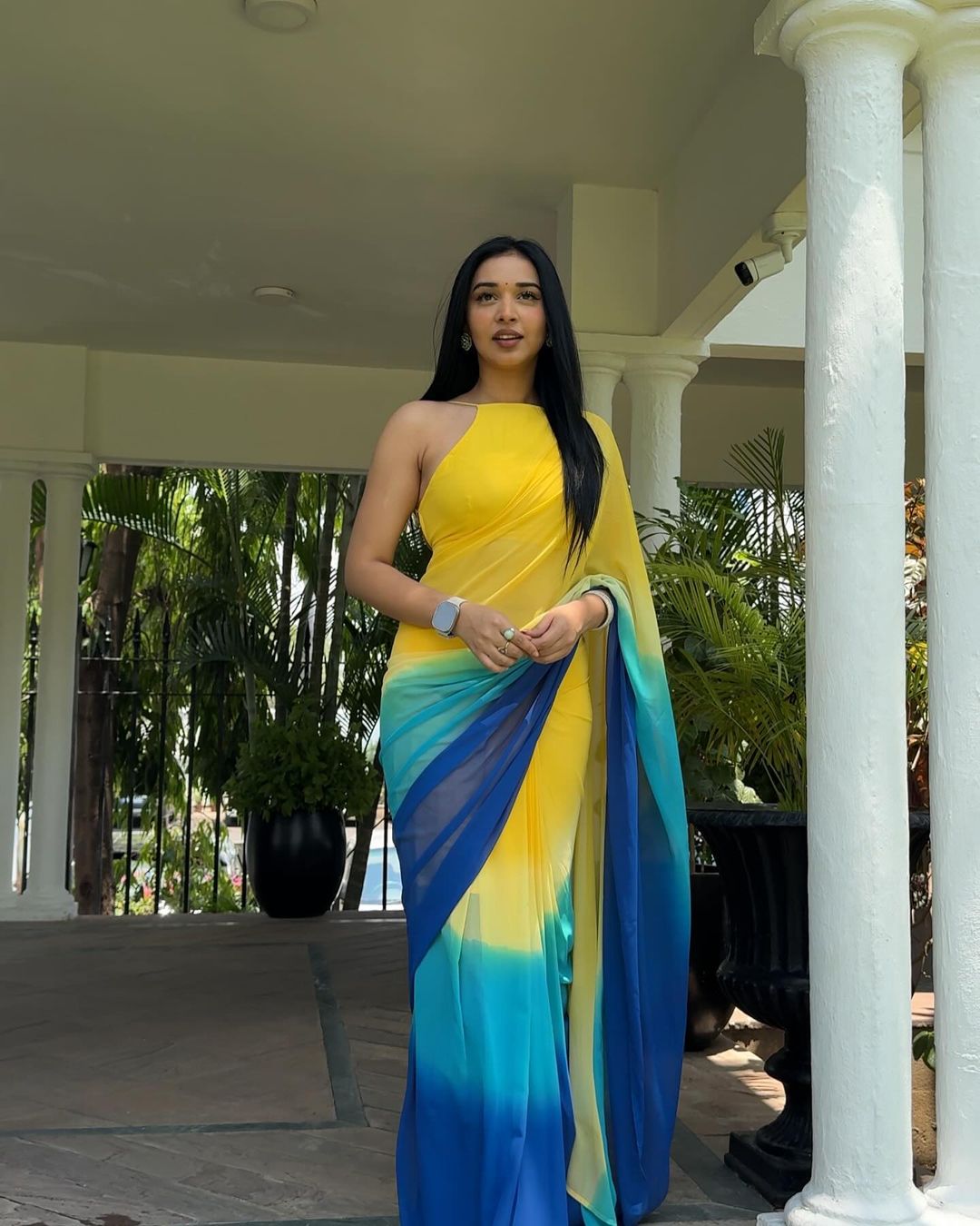 Yellow & Blue Ombre Georgette Ready to Wear Saree