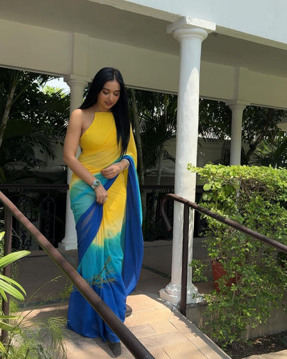 Yellow & Blue Ombre Georgette Ready to Wear Saree