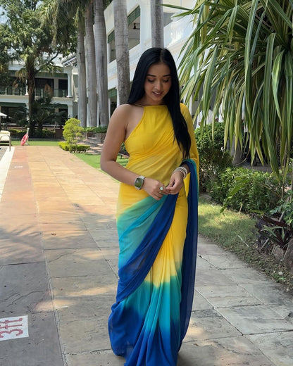 Yellow & Blue Ombre Georgette Ready to Wear Saree