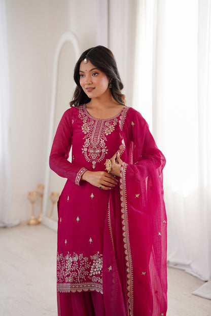 Embroidered Silk Kurta Palazzo Set with Dupatta
