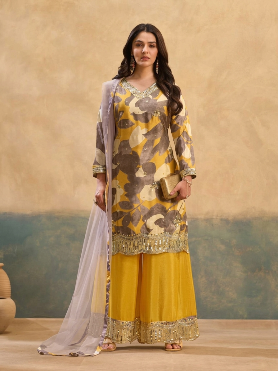 Floral Print Kurta Palazzo Set with Thread Embroidery