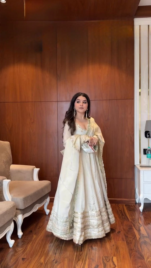Elegant Off-White Chinon Silk Anarkali Suit with Sequin Work