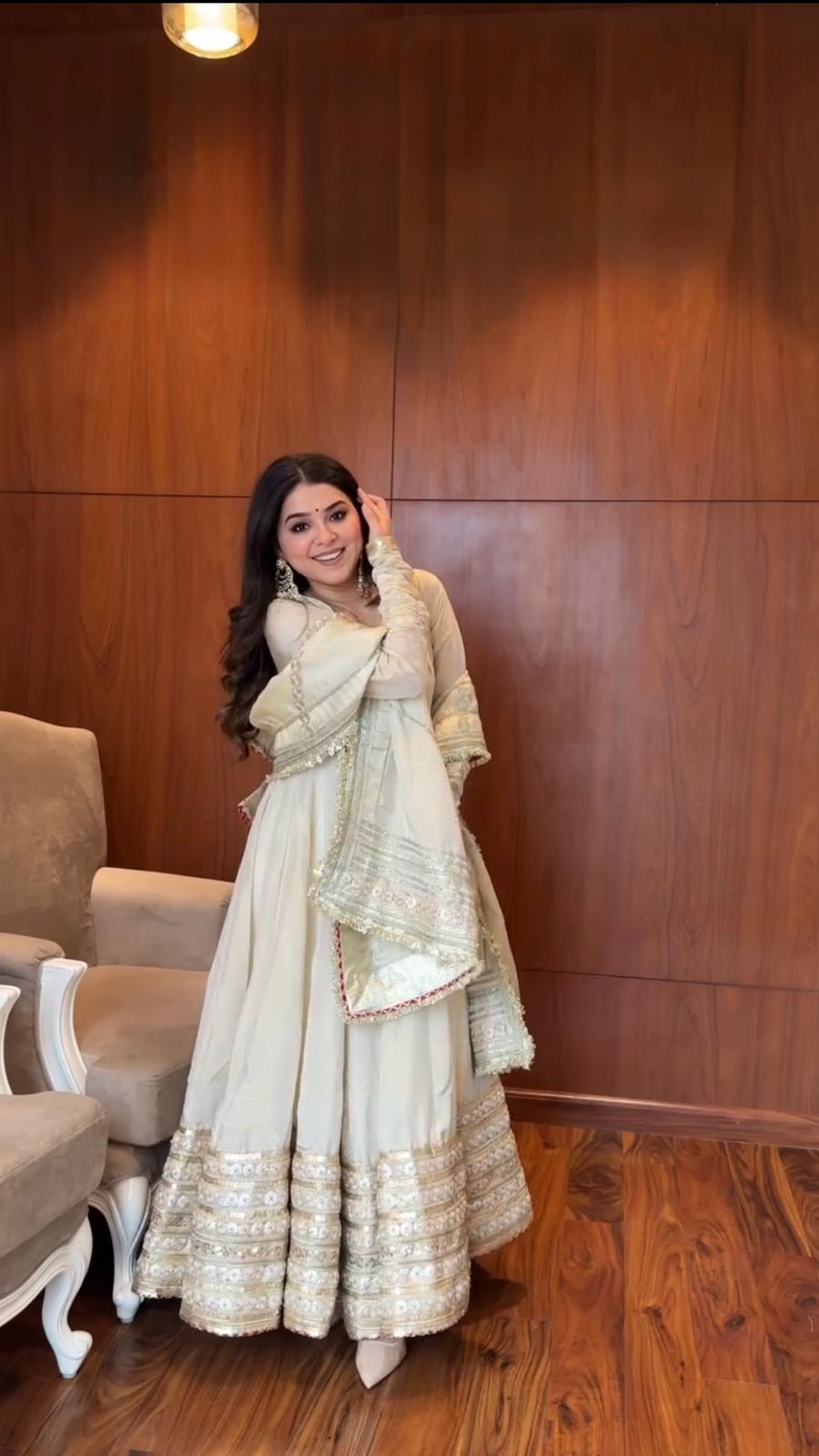 Elegant Off-White Chinon Silk Anarkali Suit with Sequin Work