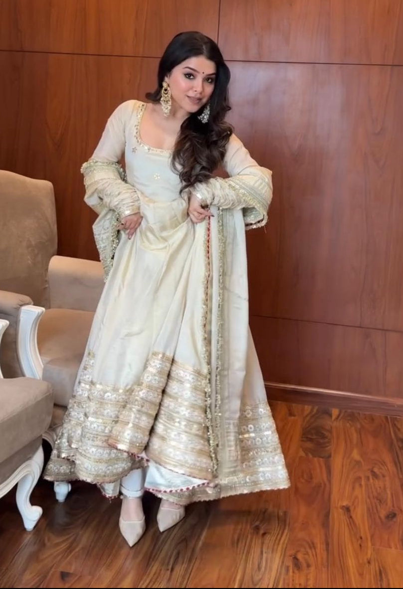 Elegant Off-White Chinon Silk Anarkali Suit with Sequin Work
