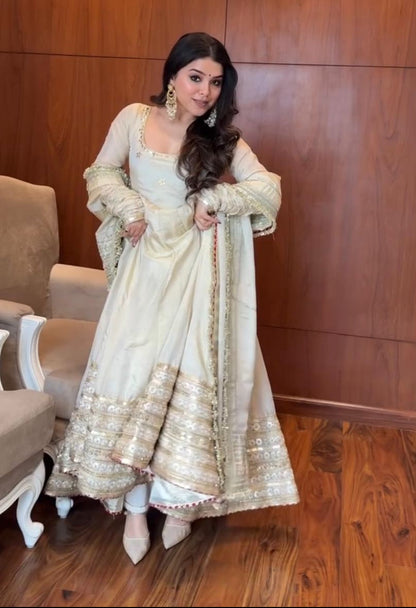 Elegant Off-White Chinon Silk Anarkali Suit with Sequin Work