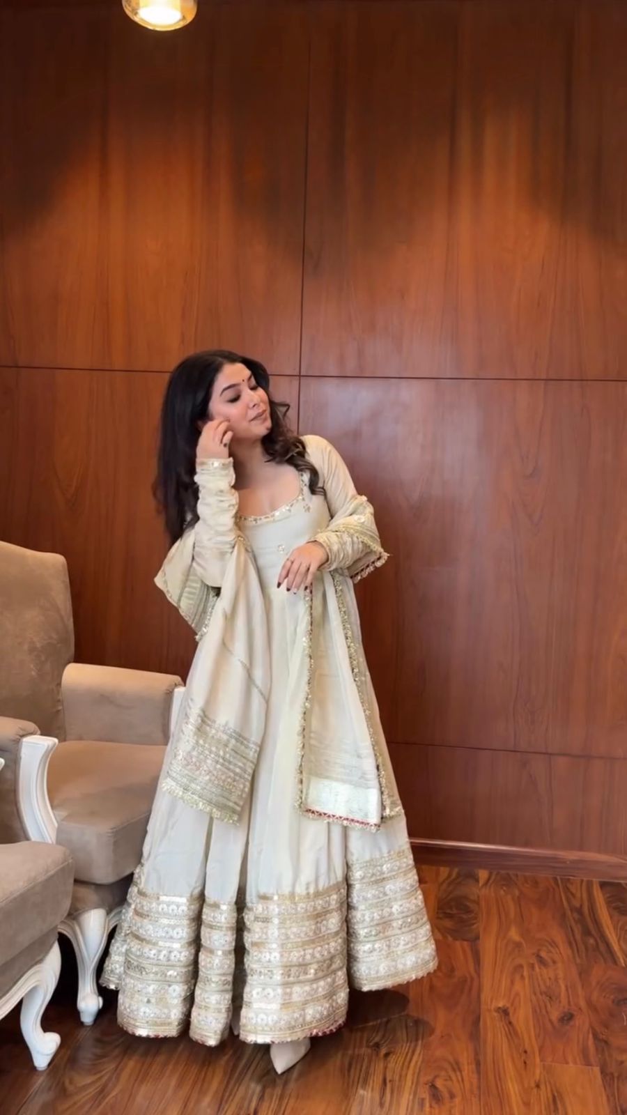 Elegant Off-White Chinon Silk Anarkali Suit with Sequin Work