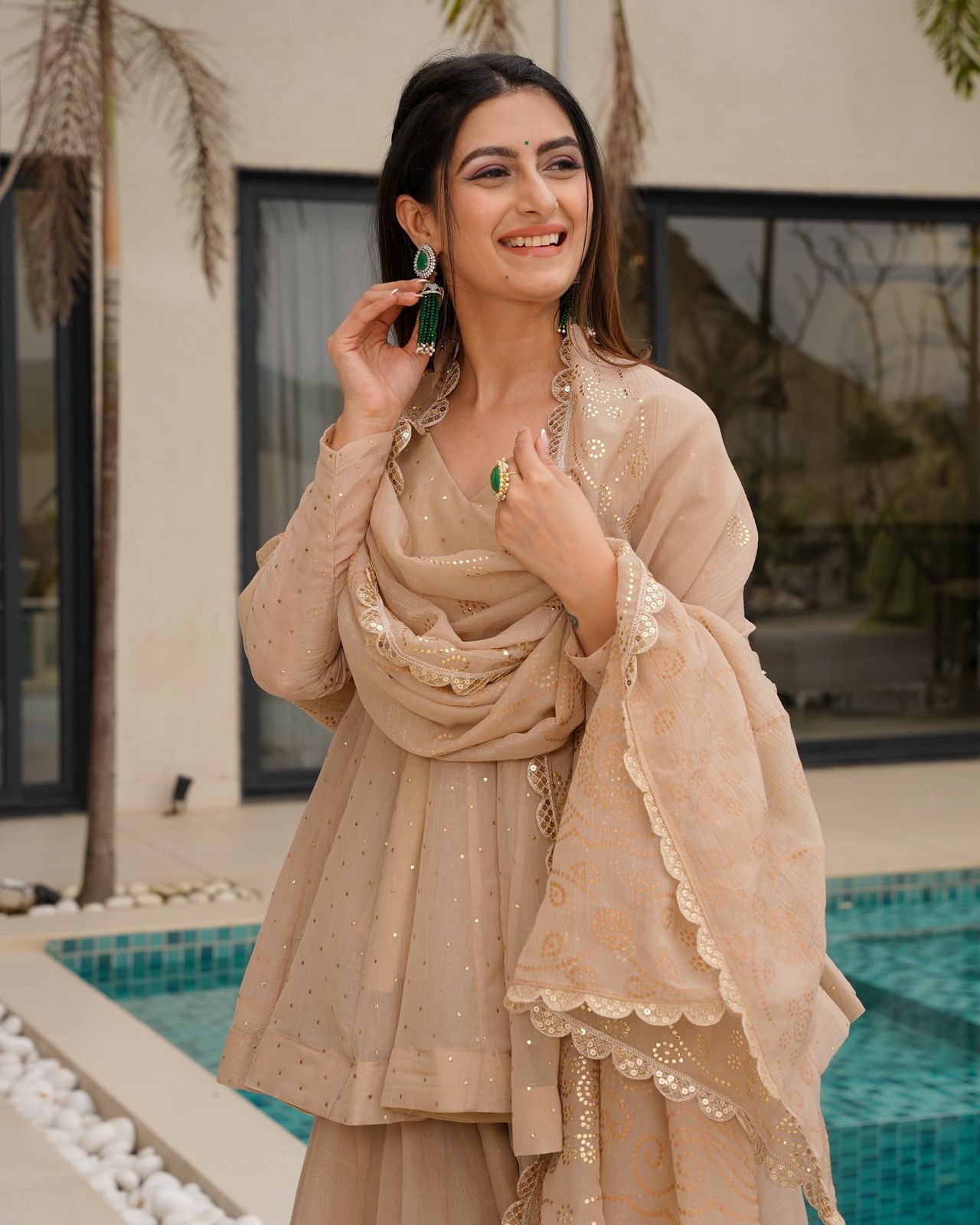 Mukesh Work Tabby Organza Peplum Palazzo Set for Festivals