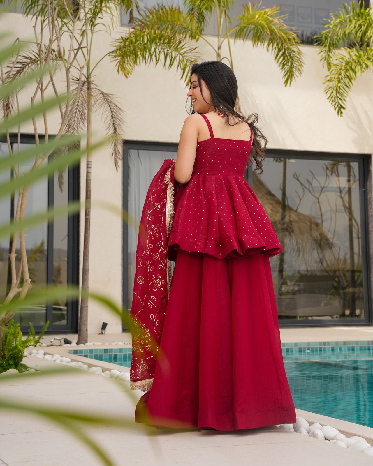 Mukesh Work Tabby Organza Peplum Palazzo Set for Festivals