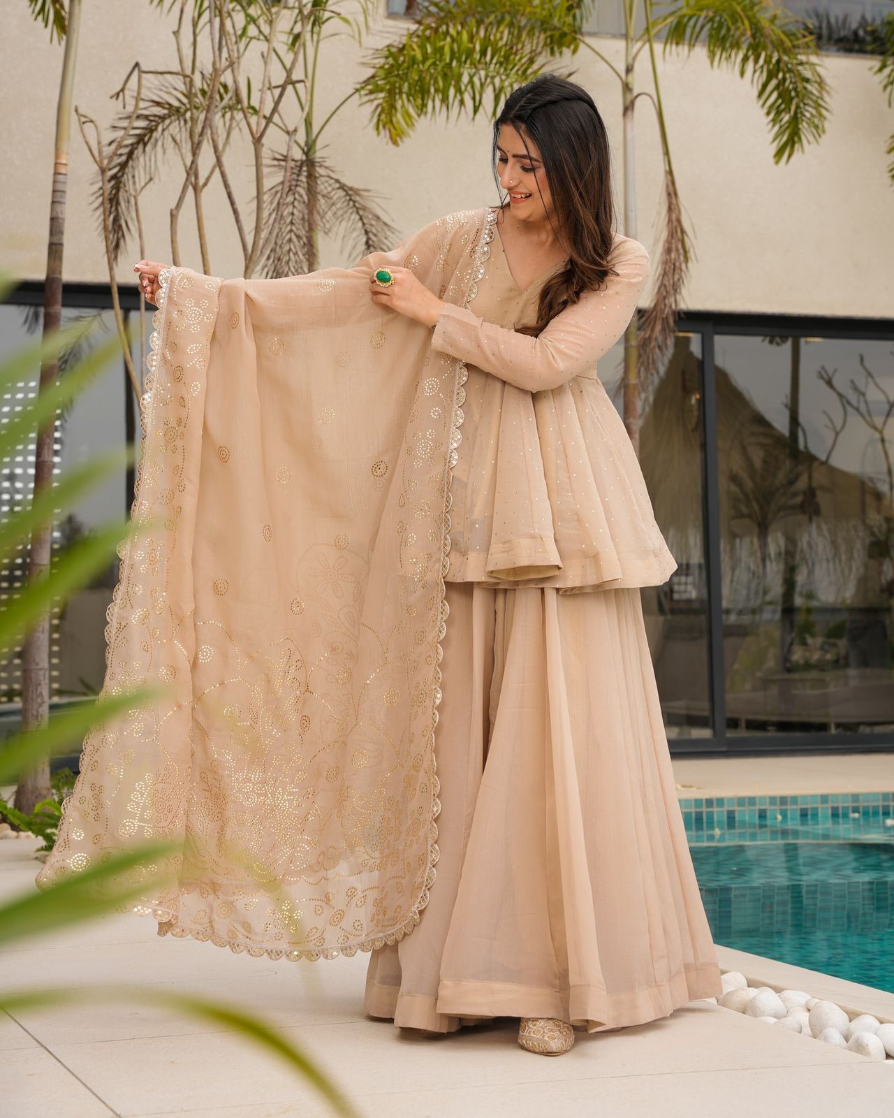 Mukesh Work Tabby Organza Peplum Palazzo Set for Festivals