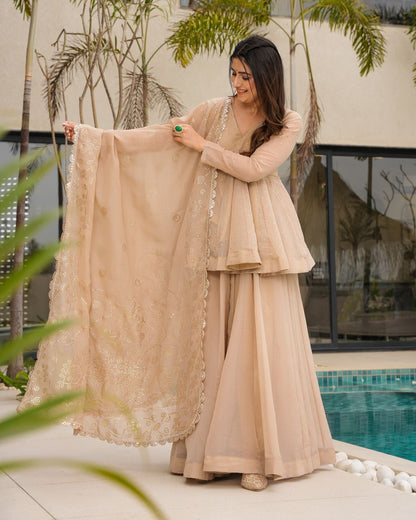 Mukesh Work Tabby Organza Peplum Palazzo Set for Festivals