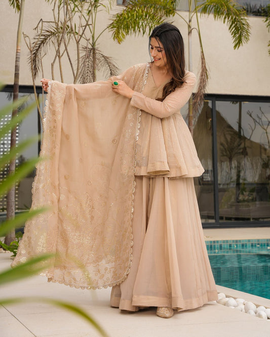 Mukesh Work Tabby Organza Peplum Palazzo Set for Festivals