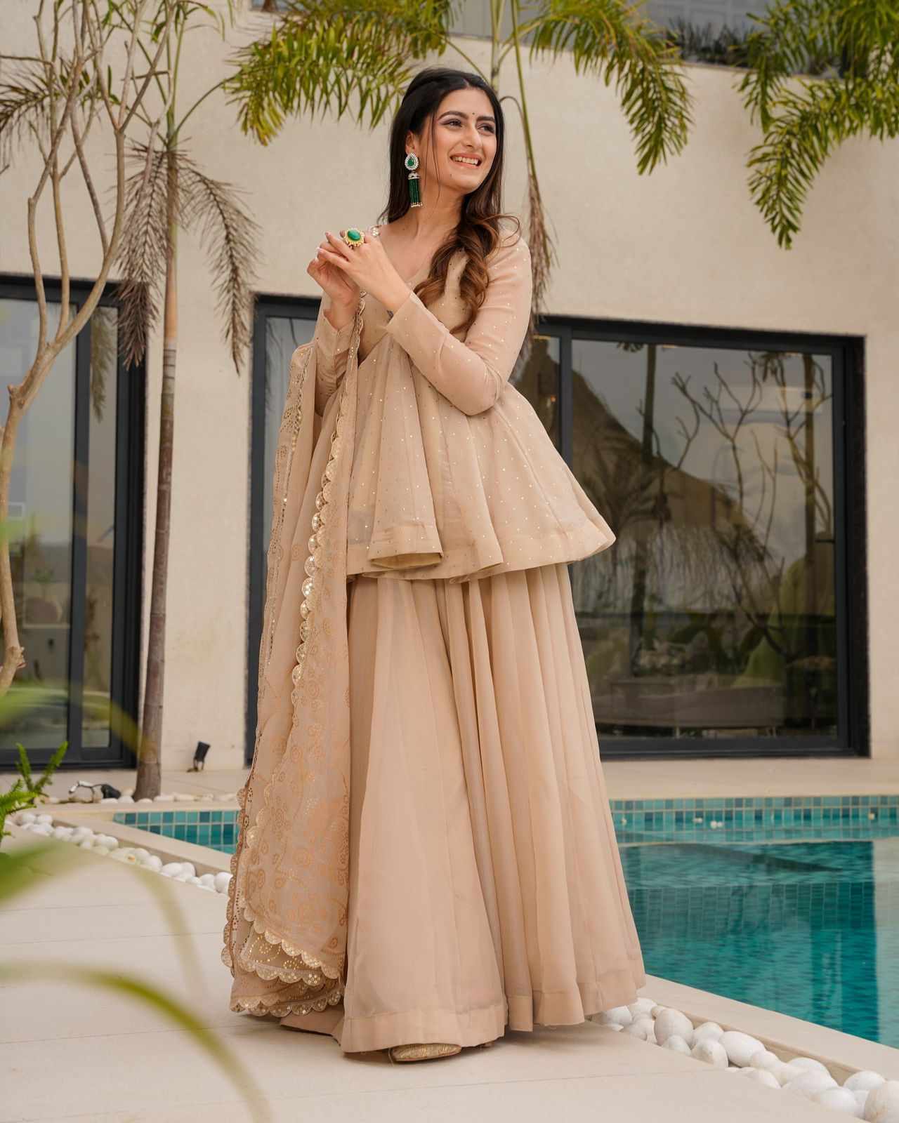 Mukesh Work Tabby Organza Peplum Palazzo Set for Festivals