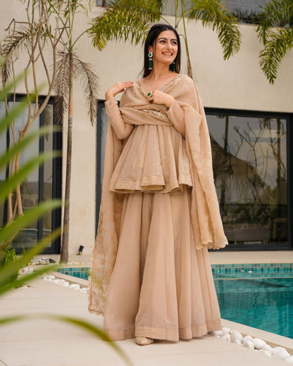 Mukesh Work Tabby Organza Peplum Palazzo Set for Festivals
