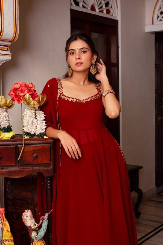 Elegant Mirror Work Faux Georgette Anarkali Palazzo Set