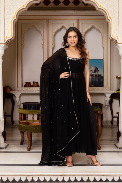 Elegant Mirror Work Faux Georgette Anarkali Palazzo Set