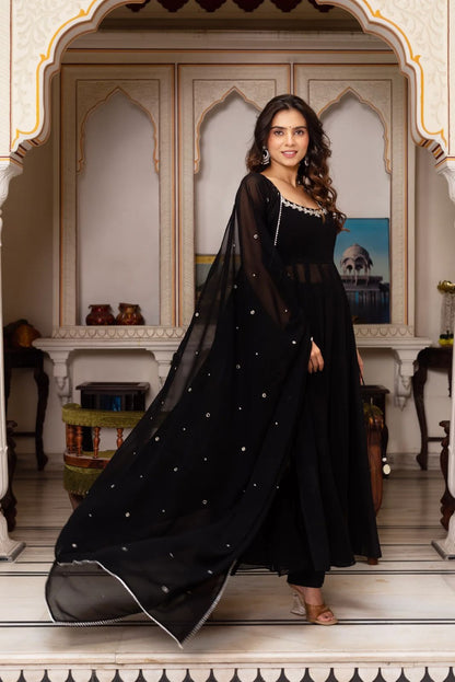 Elegant Mirror Work Faux Georgette Anarkali Palazzo Set