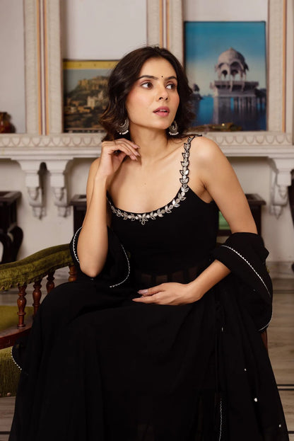 Elegant Mirror Work Faux Georgette Anarkali Palazzo Set