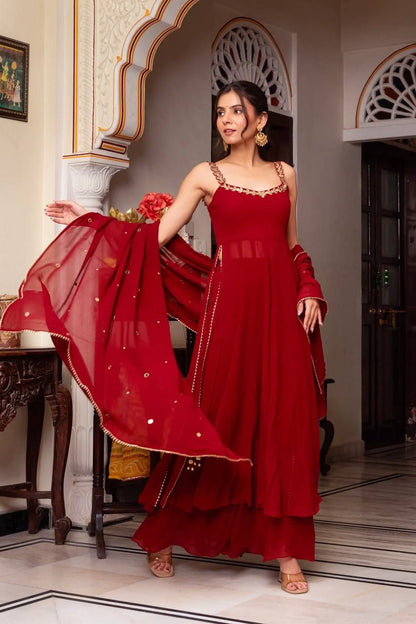 Elegant Mirror Work Faux Georgette Anarkali Palazzo Set