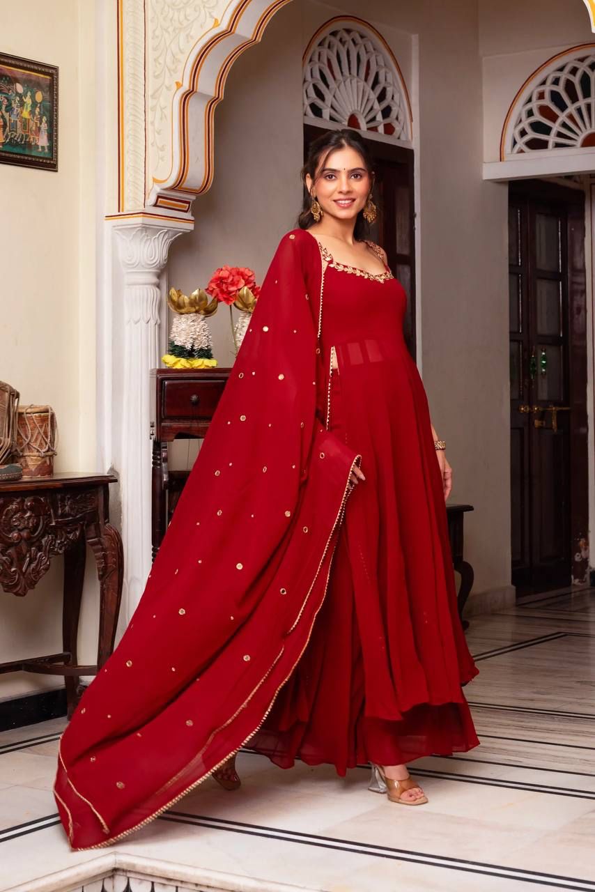 Elegant Mirror Work Faux Georgette Anarkali Palazzo Set