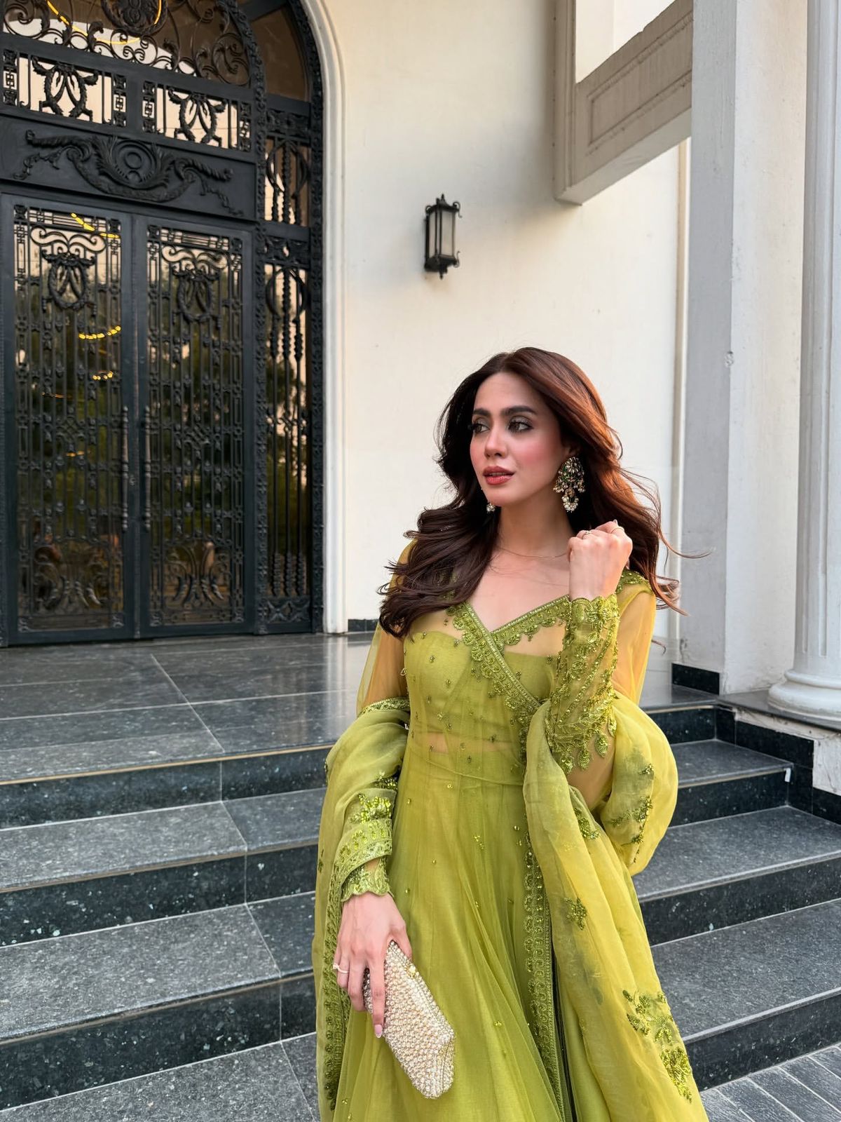Lime Green Butterfly Net Kediya Style Lehenga Choli Set