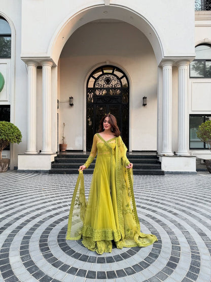 Lime Green Butterfly Net Kediya Style Lehenga Choli Set