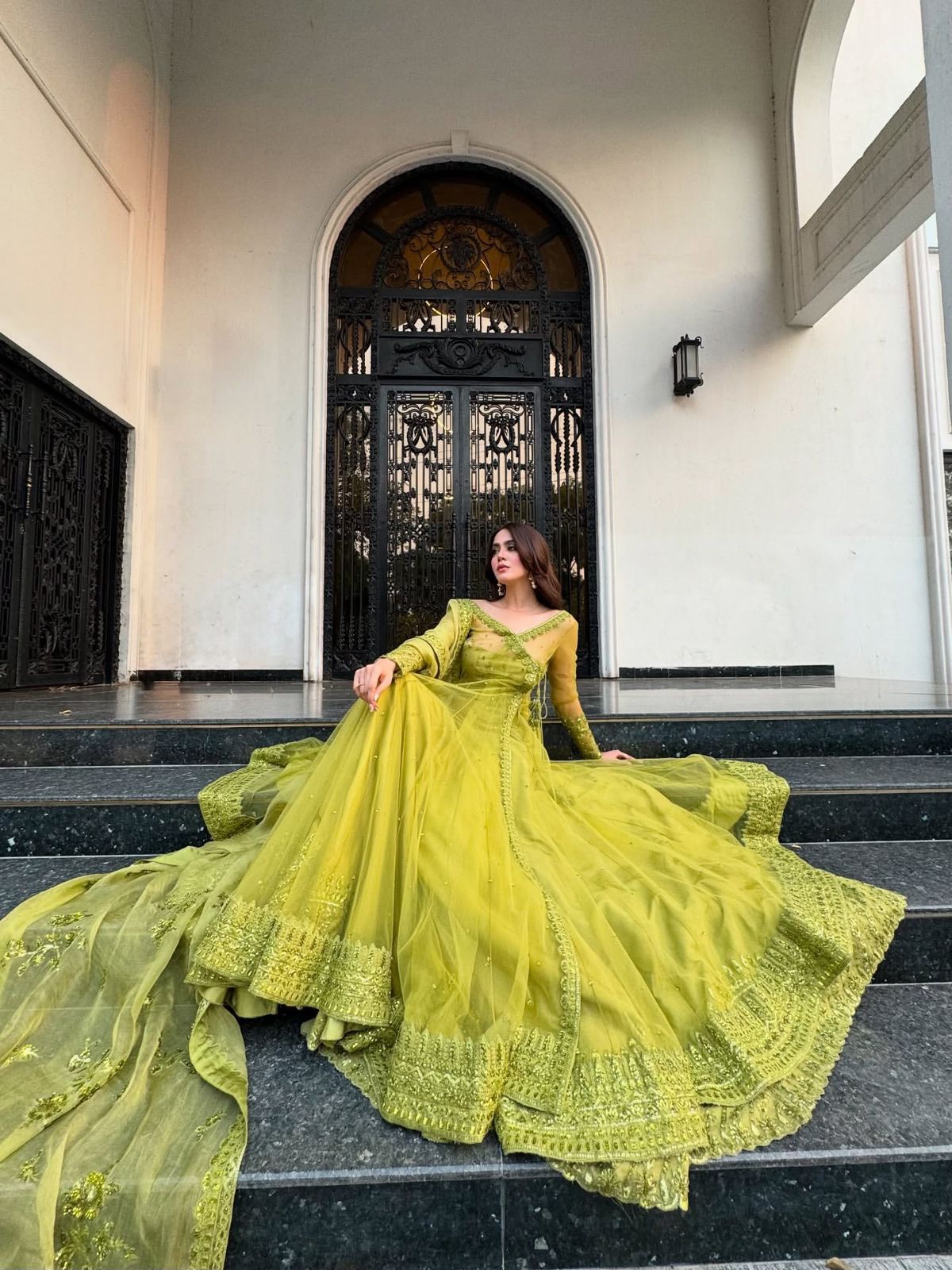 Lime Green Butterfly Net Kediya Style Lehenga Choli Set