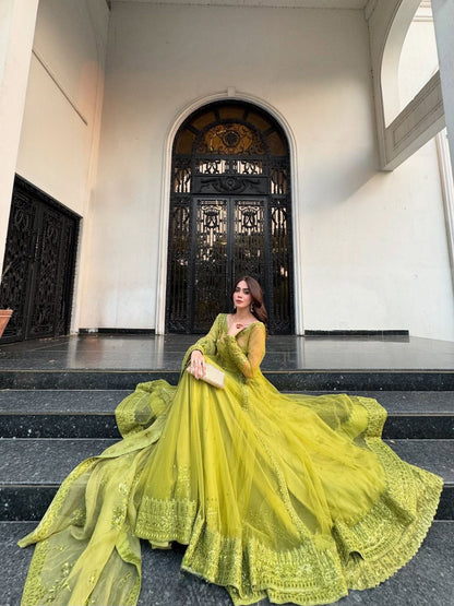 Lime Green Butterfly Net Kediya Style Lehenga Choli Set