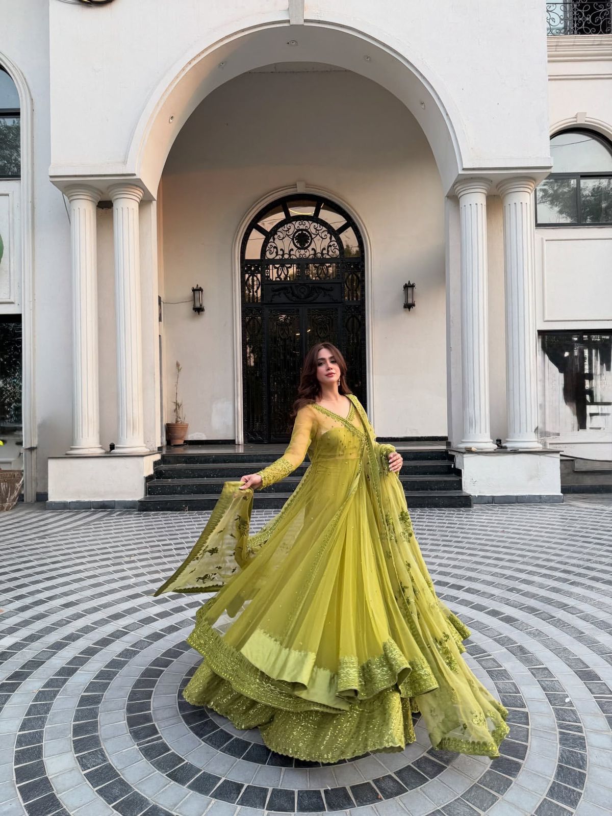Lime Green Butterfly Net Kediya Style Lehenga Choli Set