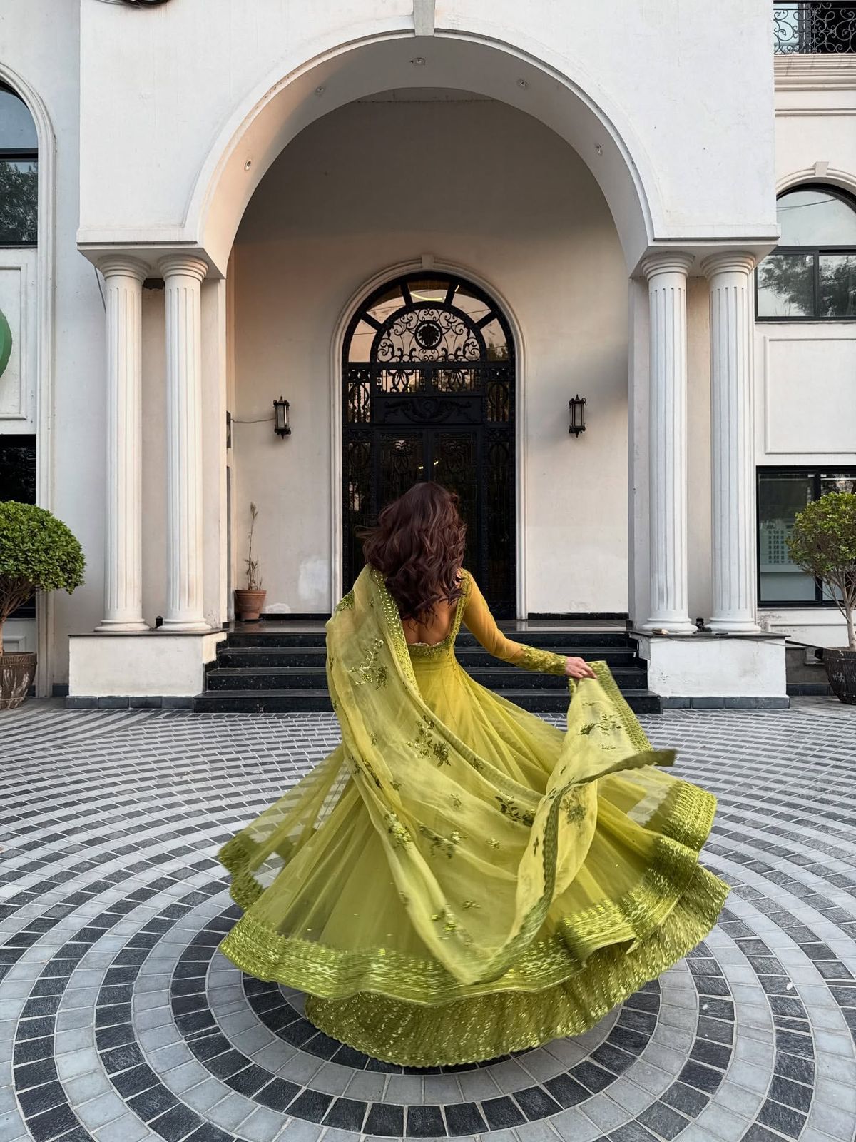 Lime Green Butterfly Net Kediya Style Lehenga Choli Set