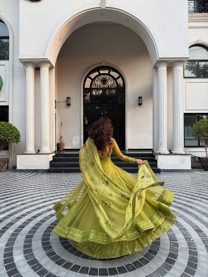 Lime Green Butterfly Net Kediya Style Lehenga Choli Set